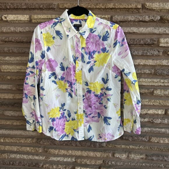 Talbots Spring Lavender Yellow Floral Button Front Shirt Size Medium Petite - Picture 5 of 8